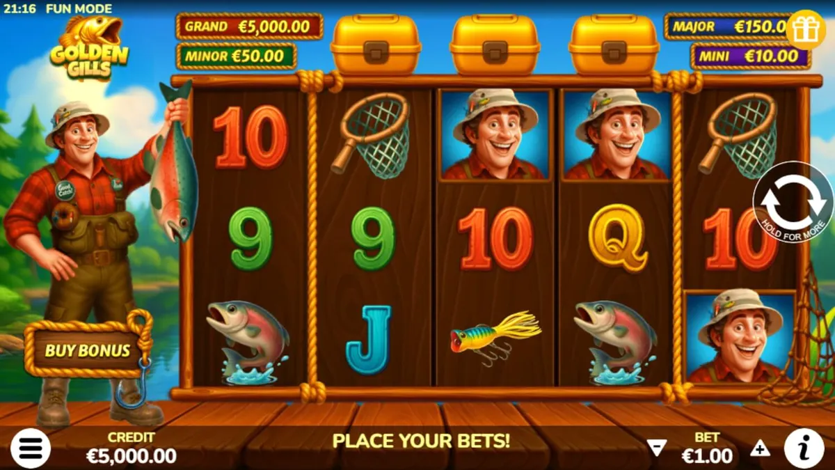 Tampilan antarmuka permainan slot Golden Gills dengan tema pemancingan