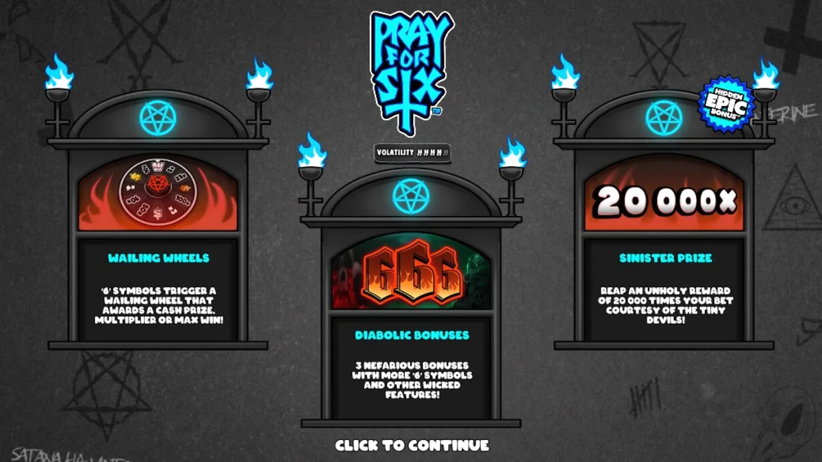 Tampilan visual slot Pray for Six dengan tema monokrom dan kartun klasik